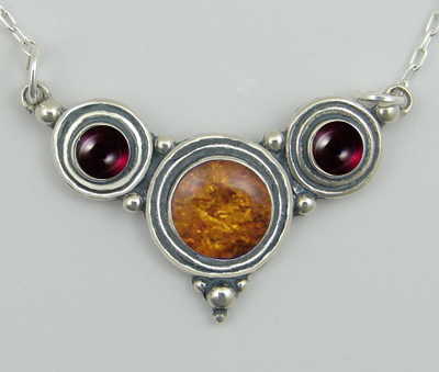 Sterling Silver Necklace Amber And Garnet
